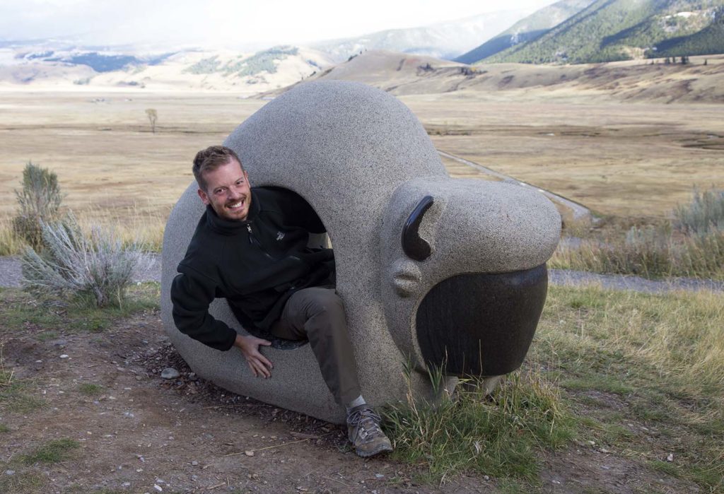 Billy climbing into a sculpture at the National Museum of Wildlife Art. Probably wasn't supposed to be doing this, but he is!