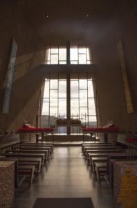 A view from the back of the church looking toward the altar.