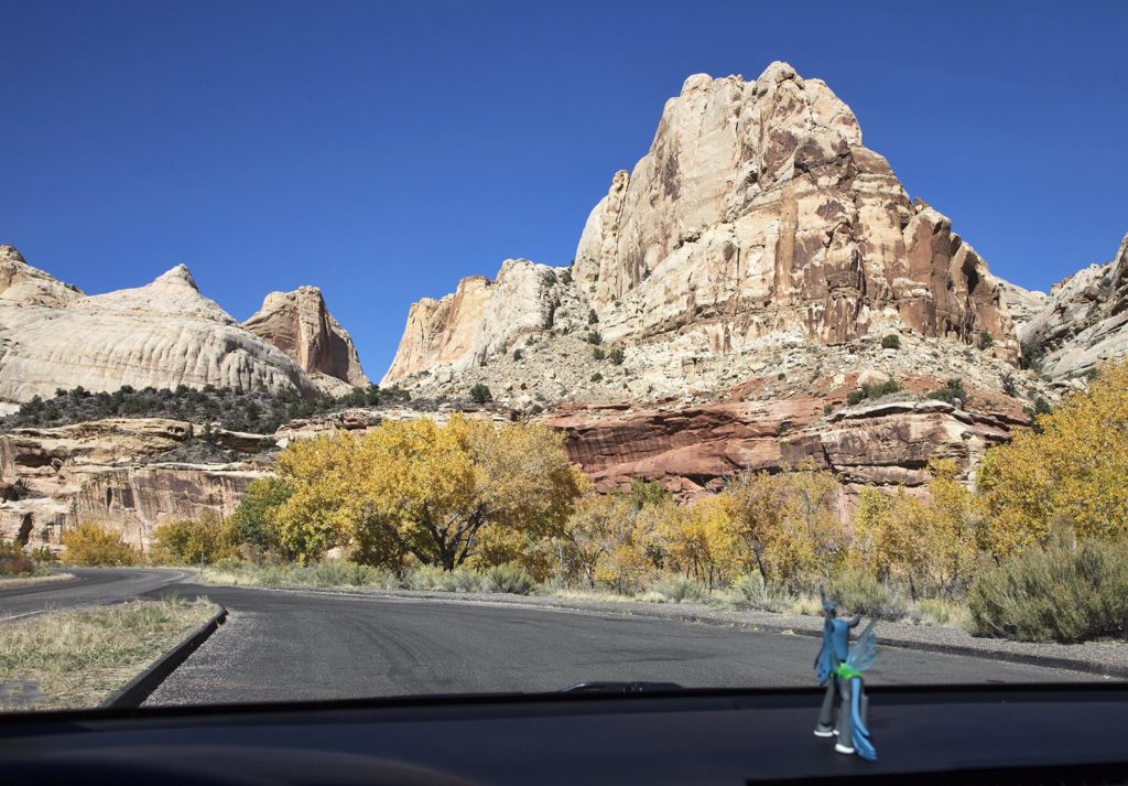 Queen Chrysalis gives Capitol Reef National Park two hooves up. The white rock that you see here is called Navaho sandstone. It often forms immense white domes like you see on the left. That formation is called Capitol Dome for its resemblance to the United States capitol building.