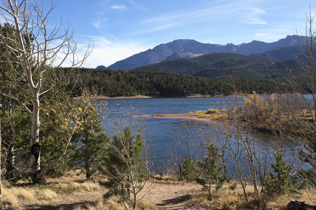 This is Crystal Creek Reservoir that is near the bottom of the Pike's Peak road. The peak is the tiny bump on the top of the mountain all the way to the right in the photo.