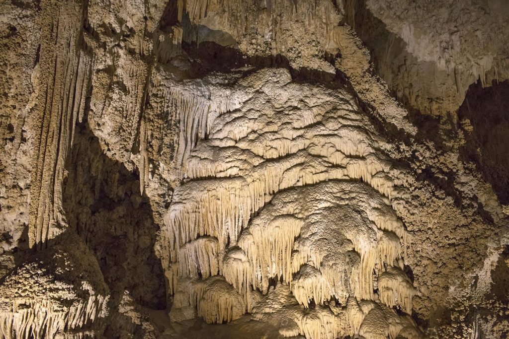 The formations you see here were formed by drops of water seeping through hundreds of feet of limestone. Every drop leaves a microscopic amount of limestone where it drips or lands. Over millions of years, this is the result.