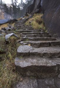 The beginning of the wet stone stairs approaching Vernal Falls.