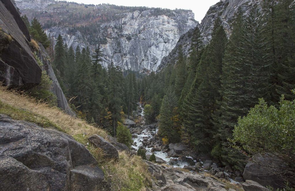 This is the view of the river flowing away from the falls. The Mist Trail follows it most of the way down.