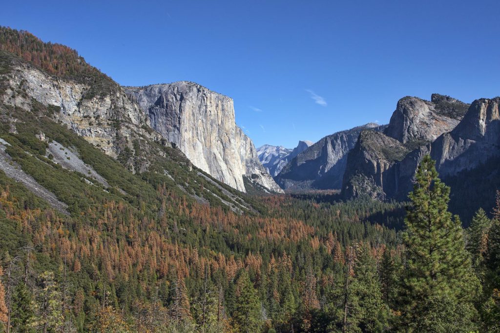 This is the "tunnel view" of Yosemite Valley. El Capitan is on the left, half dome is visible just right of center, and Bridalveil Fall is almost visible on the right in the shadows.