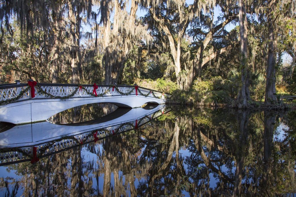 The bridge across Cypress Lake was decorated for the holidays. The water was so still, it was a perfect mirror.